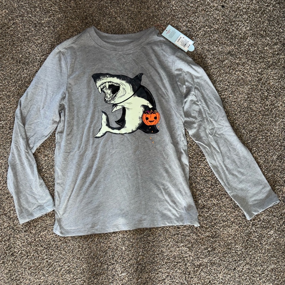 Cat & Jack Gray Shark and Pumpkin Graphic Long Sleeve Tee
